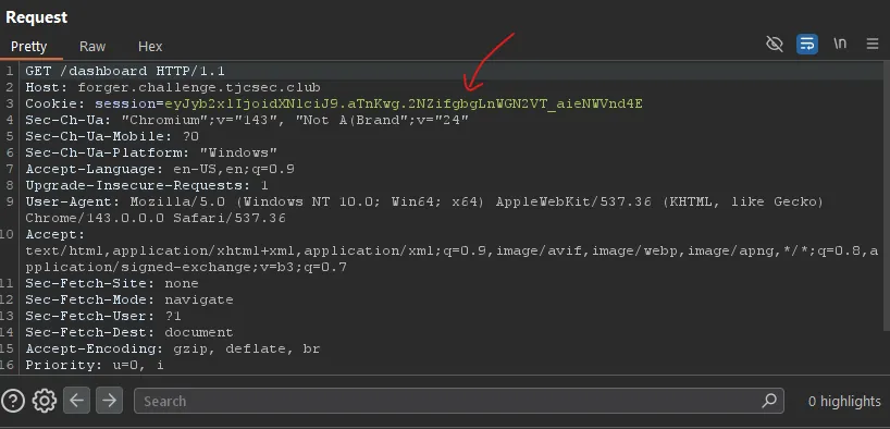 /dashboard request intercepted in BurpSuite